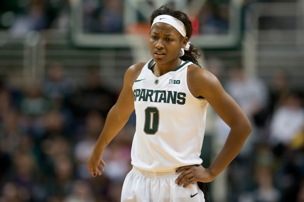 	<p>Junior guard Kiana Johnson reacts to the game against Penn State on Jan. 19, 2014, at Breslin Center. The Spartans lost, 66-54. Julia Nagy/The State News </p>