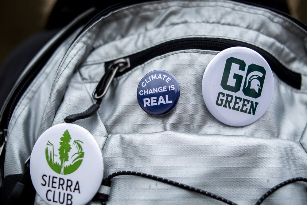 Pins on a student's backpack during the Global Climate Strike Walkout on March 15, 2019 at the Hannah Administration Building.