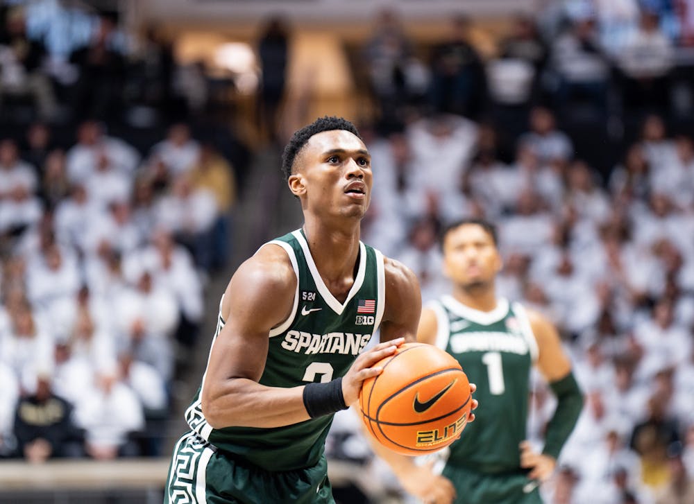 <p>Senior guard Tyson Walker (2) about to shoot a free throw during a game against Purdue at Mackey Arena on Jan. 29, 2023. The Spartans lost to the Boilermakers 77-61.</p>