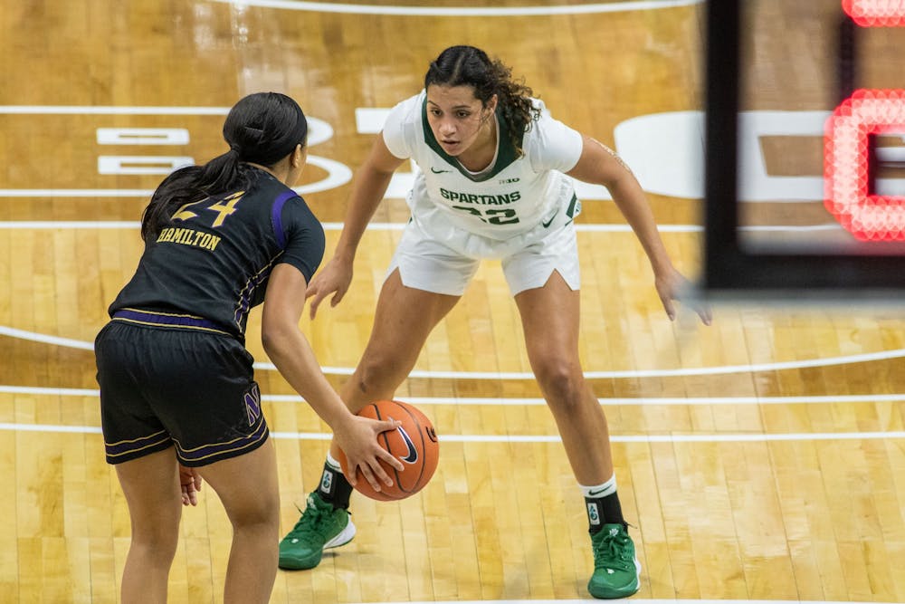 <p>Then-freshman guard Moira Joiner (22) plays defense during the game against Northwestern Jan. 23, 2020 at the Breslin Center. The Spartans fell to the Wildcats, 76-48.</p>