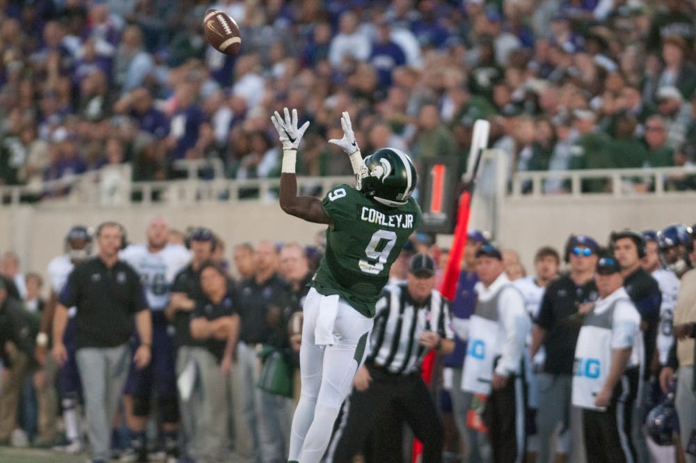 Freshman wide receiver Donnie Corley (9) catches the ball during the game against Northwestern on Oct. 15, 2016 at Spartan Stadium.  The Spartans were defeated by the Wildcats, 54-40.  