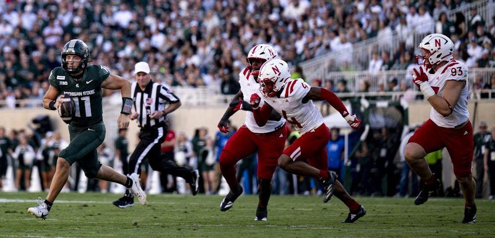 <p>Michigan State sophomore quarterback Alessio Milivojevic (11) runs into open space during the Spartans’ game against Nebraska at Spartan Stadium in East Lansing, Mich., on Saturday, Sept. 26, 2026.</p>