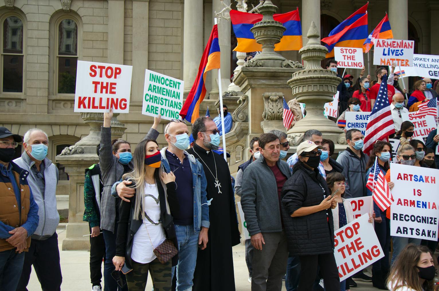 <p>Protesters gather at the state Capitol in support of Armenia on Oct. 11, 2020.</p>