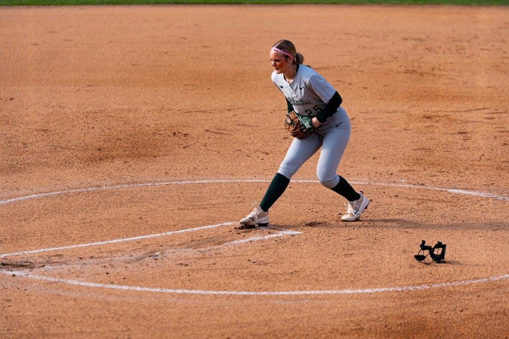 MSU sophomore Jacey Schuler mid-throwing pose during the MSU V Nebraska Softball game at Secchia Stadium in East Lansing, on March 20 2026.