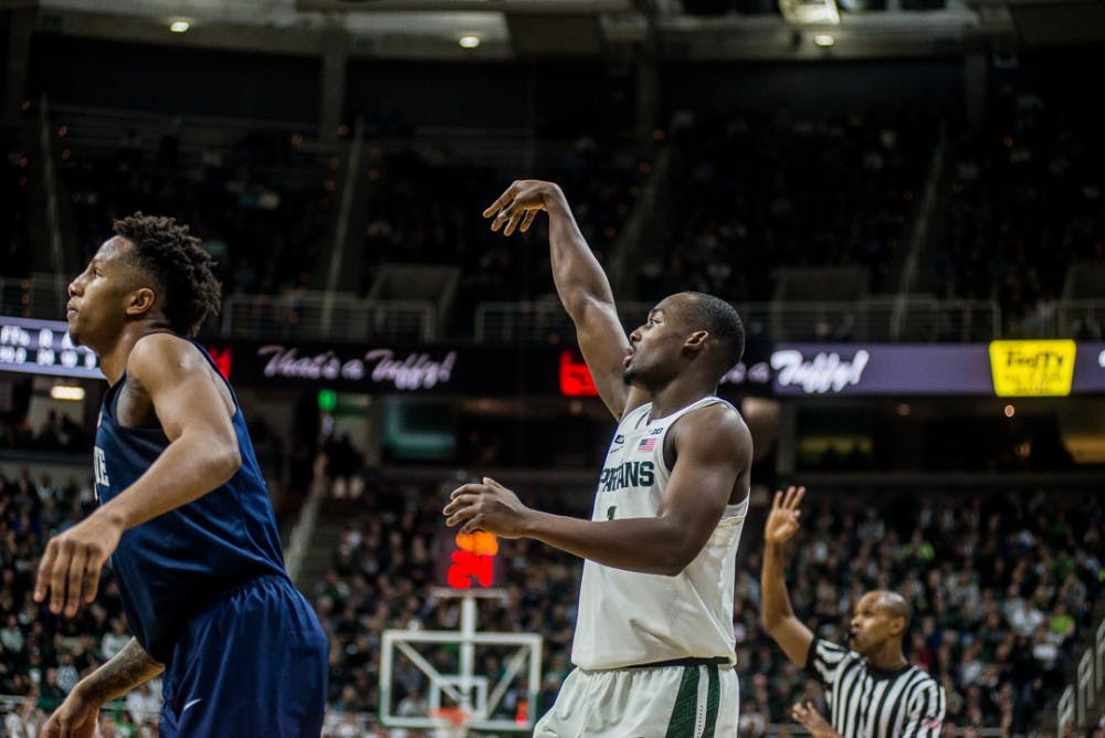 
Sophomore guard Joshua Langford (1) shoots the ball during the game against Penn State on Jan. 31, 2018 at Breslin Center. The Spartans beat the Nittany Lions 76-68. 