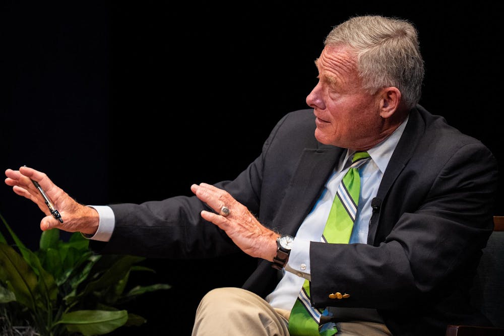 Richard Burr, former U.S. senator from North Carolina gestures during the first Presidential Speaker Series, a panel discussion is held at the Wharton Center for Performing Arts on Michigan State University’s campus in East Lansing, Mich., on Tuesday, March 17, 2026.