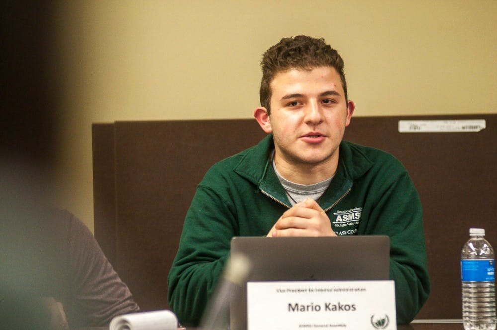 <p>Vice President for Internal Administration Mario Kakos addresses the policy committee during an ASMSU meeting Jan. 24, 2019, at the Student Services Building.</p>