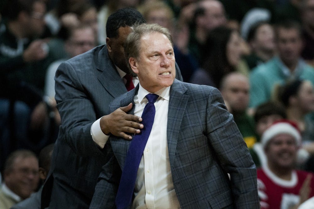 Head coach Tom Izzo reacts to a call made by a referee during the game against Oakland on Dec. 21, 2016 at Breslin Center. The Spartans defeated the Grizzlies, 77-65. 