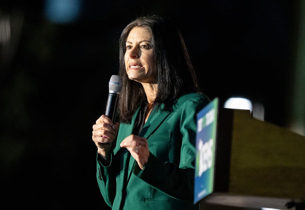 Michigan Attorney General Dana Nessel speaks out to the crowd at the Democratic GOTV Grand Finale Rally at MSU's Auditorium Field on Nov. 7, 2022. 