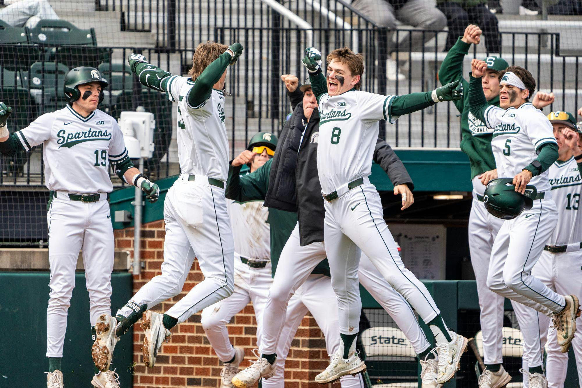 <p>MSU So. INF, Randy Seymour (35), celebrates with his teammates after hitting a home run in the Jeff Ishbia Field in McLane Stadium in East Lansing, MI on March 21, 2026.</p>