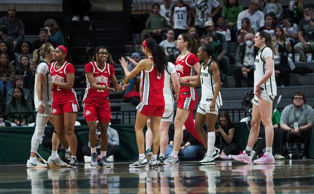 <p>Ohio State University’s women’s basketball team celebrates taking the lead against Michigan State University during a game at the Breslin Center in East Lansing, Michigan on Sunday, March 1, 2026.</p>