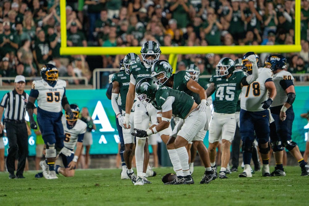 <p>Devin Vaught (2) of MSU reacts to dropping the ball during the Michigan State vs. Toledo football game at Spartan Stadium in East Lansing, Mich., on Friday, Sept. 4, 2026.</p>