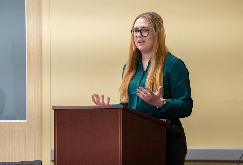 James Madison sophomore Kayla Catalano-Ott gives her speech during the election for Vice President of Governmental Affairs. ASMSU held its annual vice president elections on April 21, 2022.