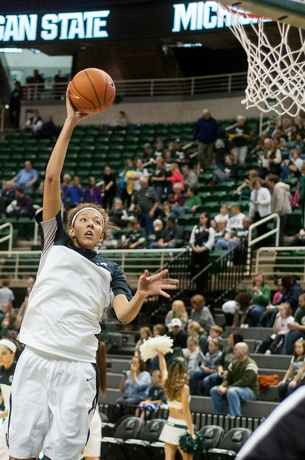 	<p>Junior guard Madison Williams shoots the ball during warm-ups before the game against Grand Valley State on Nov. 3, 2013, at Breslin Center. The Spartans defeated the Lakers, 91-47. Khoa Nguyen/The State News</p>