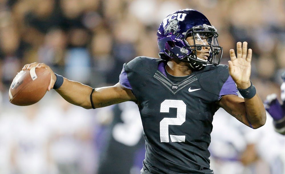 	<p>Texas Christian quarterback Trevone Boykin looks to throw against Kansas State on Saturday, Nov. 10, 2012, at Amon G. Carter Stadium in Fort Worth, Texas. Kansas State defeated <span class="caps">TCU</span>, 23-10. Bo Rader/Wichita Eagle/MCT</p>