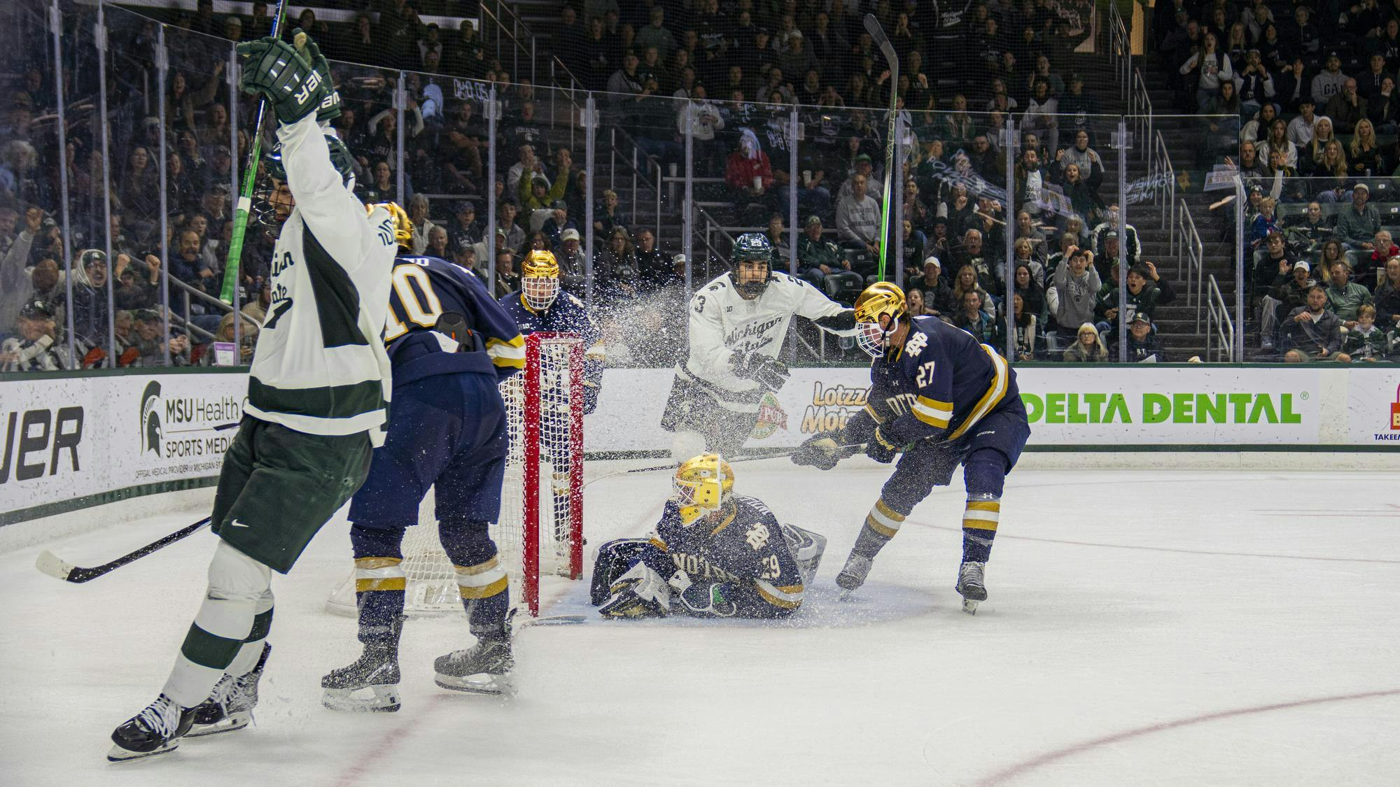 MSU senior defenseman David Gucciardi (7) scores against Notre Dame at the Munn Ice Arena on Nov. 15, 2024