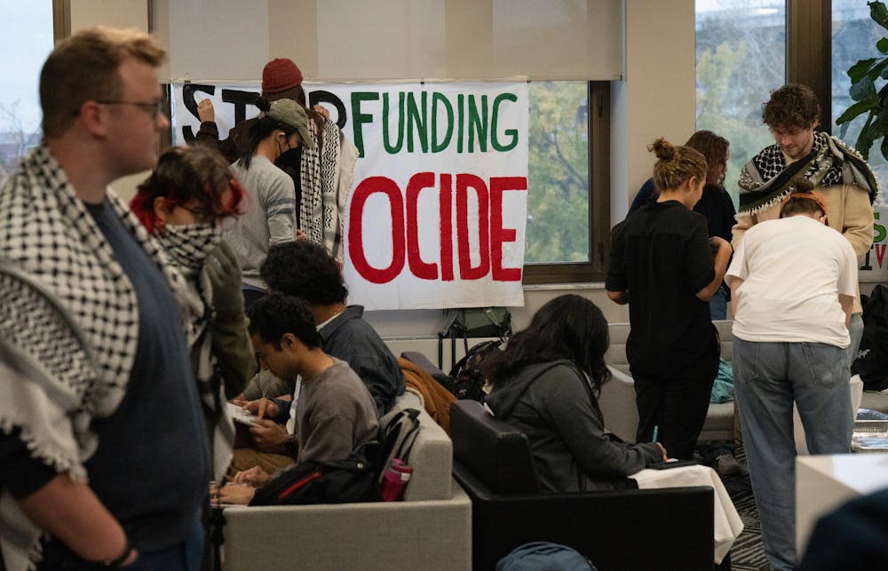 Students with pro-Israel divestment group Hurriya MSU occupy the office of the provost lobby in the Hannah Administration building after the Oct. 25, 2024 Board of Trustees meeting.