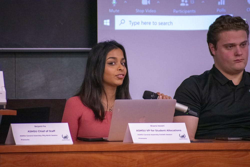 <p>Bhawna Vaswani, the ASMSU vice president for student allocations, explains CORES and COPS's funding and communication process during the ASMSU General Assembly meeting on Dec. 7, 2023 at the International Center.</p>