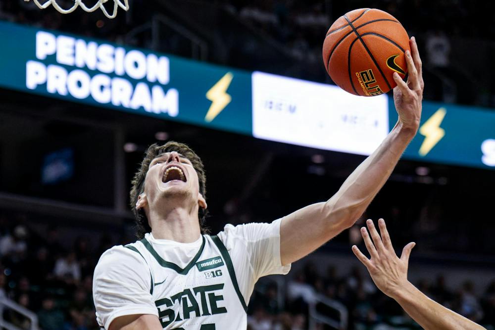 <p>Michigan State center Anton Bonke (34) goes up for a dunk during the Michigan State vs. Incarnate Word men's basketball exhibition game at Breslin Center in East Lansing, Mich., on Friday, Oct. 2, 2026.</p>