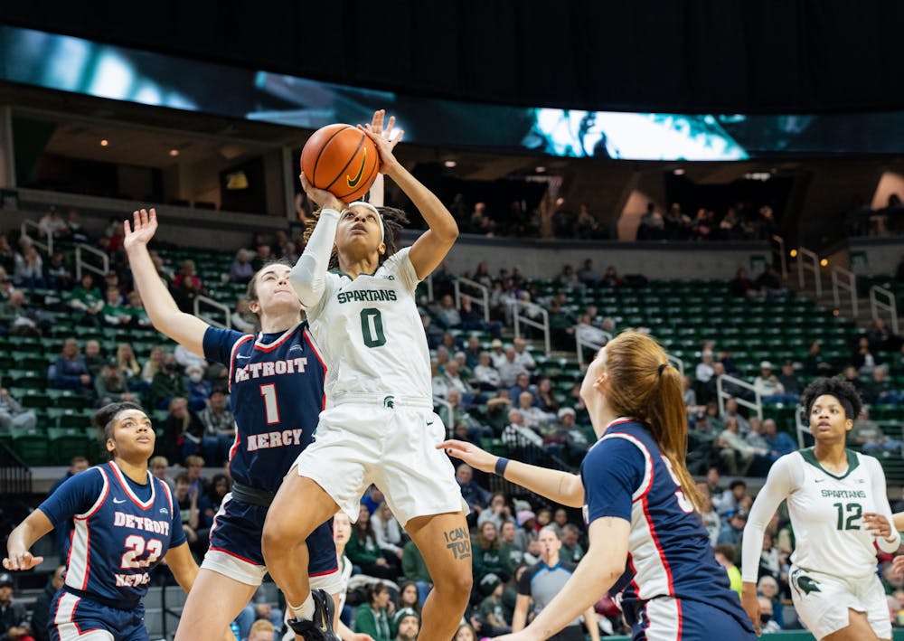 <p>Michigan State&#x27;s sophomore guard DeeDee Hagemann (0) goes up for a shot during the Spartan&#x27;s victory over Detroit Mercy on Dec. 18, 2022.</p>