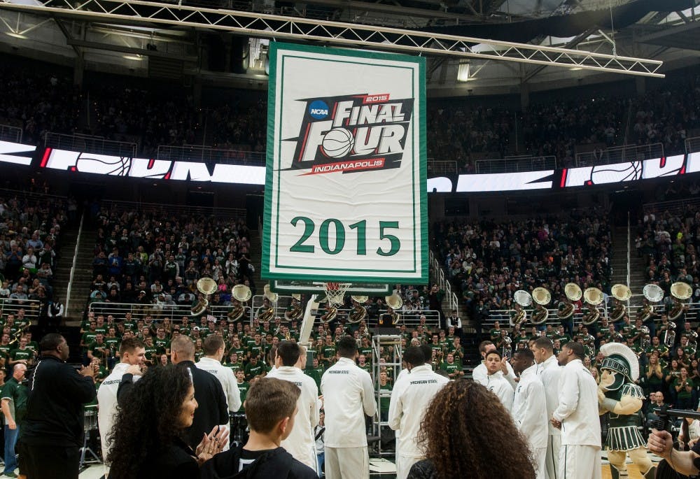 <p>The 2015 Final Four banner is raised on Oct. 23, 2015, at Breslin Center. Thousands of fans filled the Breslin Center to kick off the 2015-2016 basketball season. </p>