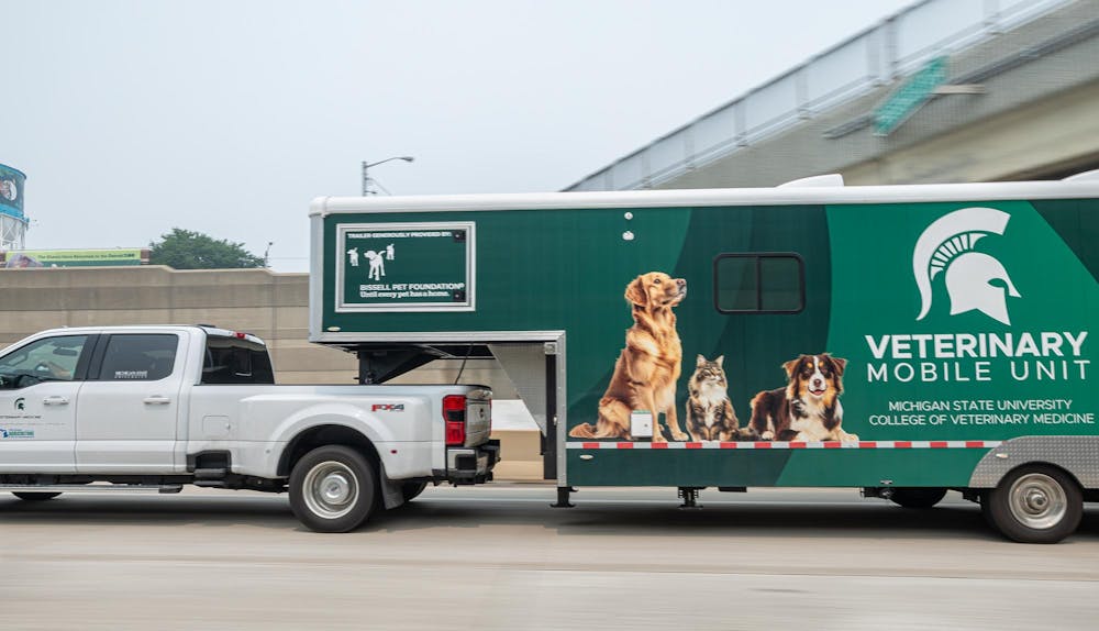 <p>The MSU Veterinary Mobile Unit drives on I-696 in Royal Oak, Mich., on its way back to Michigan State University's campus on July 16, 2026.</p>