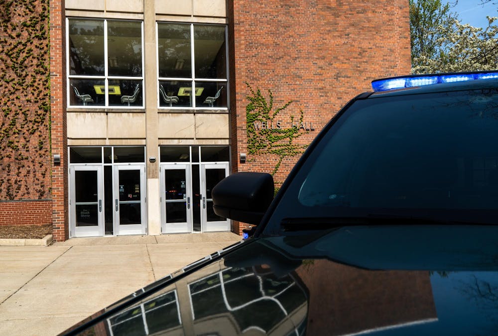 <p>Michigan State University Police respond to the evacuation of Wells Hall due to the presence of unknown chemicals on campus in East Lansing, Mich., on Monday, April 27, 2026.</p>