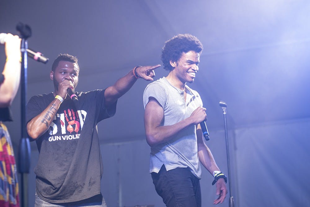<p>The Blat! Pack, a local hip-hop group performs their latest songs at the Common Ground Music Festival in Lansing, July 11, 2015. The group combines rap, R&B, Jazz, Electronic and Instrumental sounds&nbsp;for their unique set. Catherine Ferland/ The State News</p>