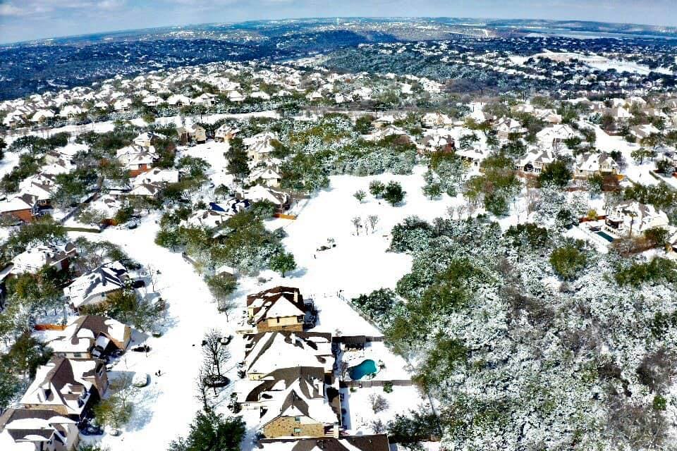 <p>A drone photo shows the snow in Texas. Photo courtesy of Alexander and Kayla Banks</p>