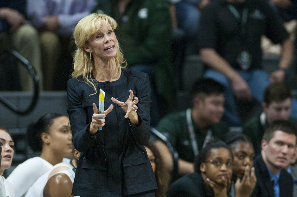 Head coach Suzy Merchant signals to her team during the women's basketball game against Ohio State on Jan. 10, 2017 at Breslin Center. The Spartans defeated the Buckeyes, 94-75.
