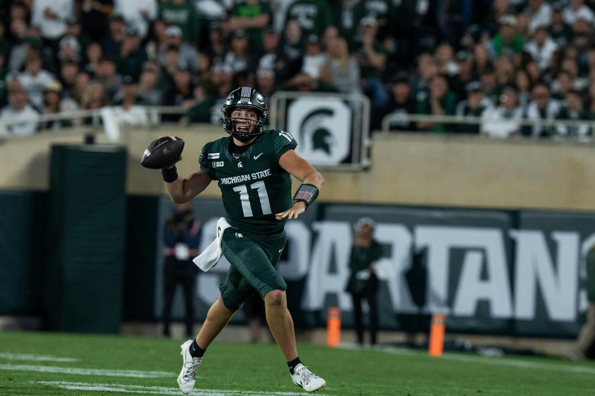 <p>Michigan State sophomore quarterback Alessio Milivojevic (11) pump-fakes a pass during the Spartans’ game against Nebraska at Spartan Stadium in East Lansing, Mich., on Saturday, Sept. 26, 2026.</p>