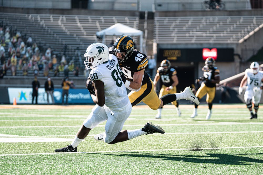 <p>MSU tight end Trenton Gillison catches a pass against Iowa on Nov. 7, 2020, at Kinnick Stadium. Photo Courtesy of MSU Athletic Communications.</p>