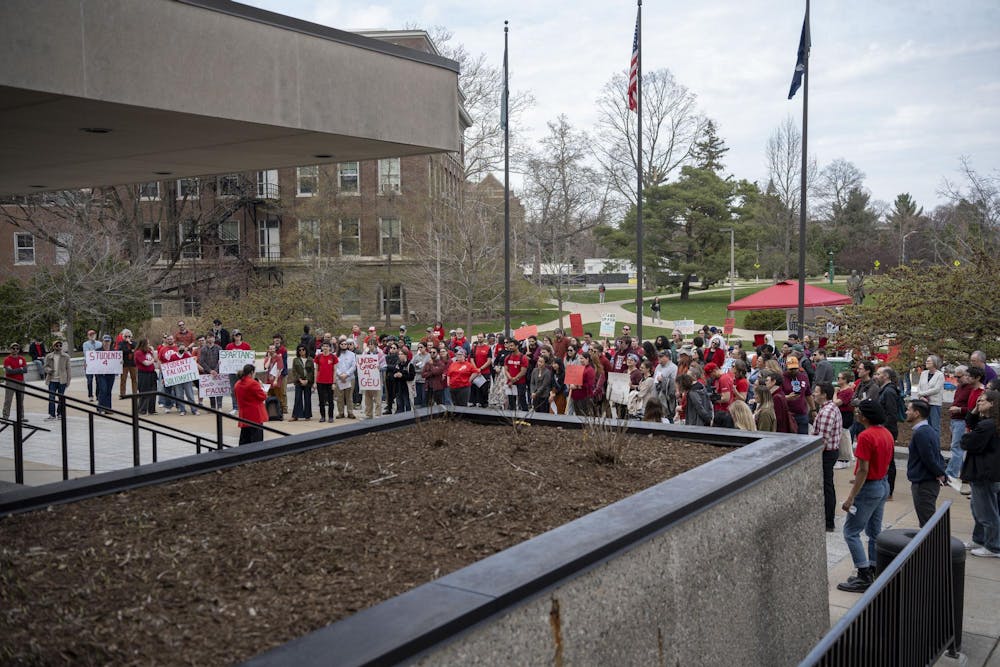 <p>Speakers address over 100 attendees of the Stand Up for Higher Education Rally outside the Hannah Administration Building on April 17, 2025.</p>