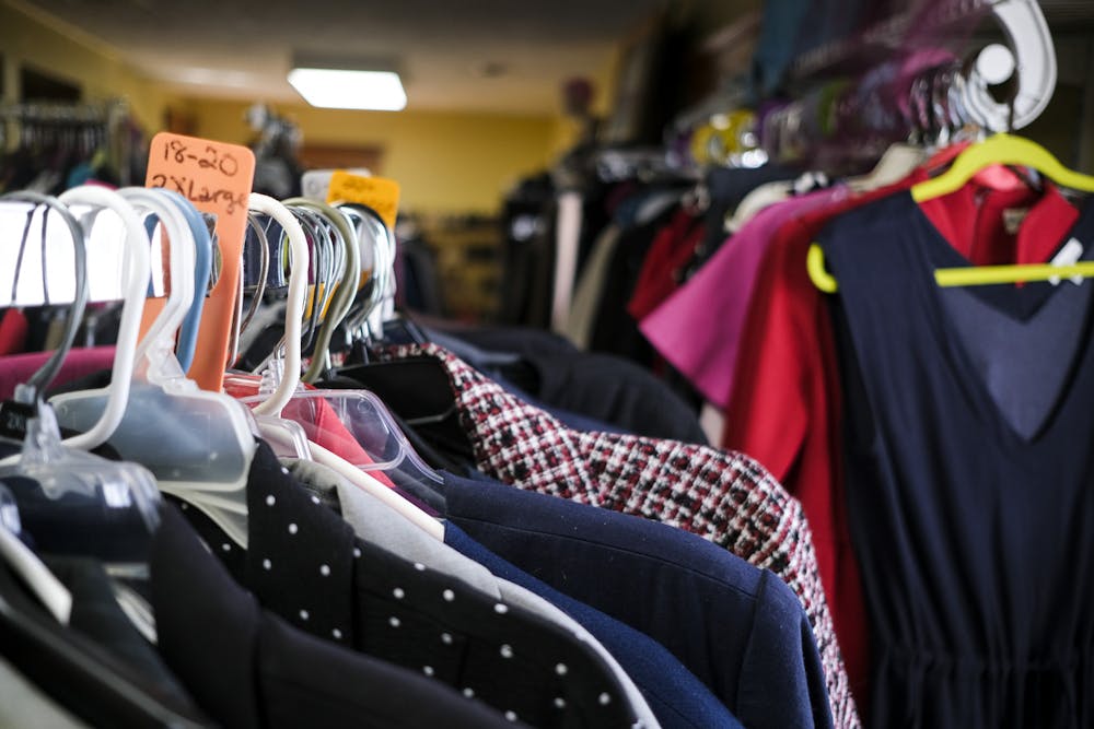 Professional clothing in a variety of sizes in the clothing closet at the Women's Center of Greater Lansing on March 30, 2021.