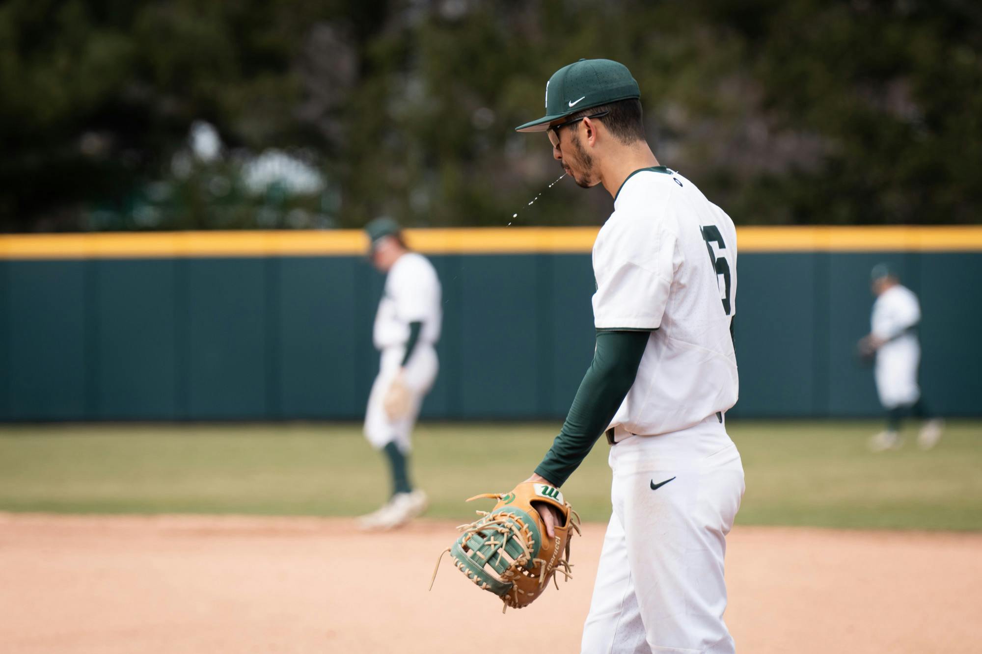 <p>Redshirt junior outfielder Peter Ahn (16) prepares for an inning against Illinois on Kobs Field at McLane Stadium on March 25, 2022. The Spartans lost to the Fighting Illini with a score of 11 to 3.</p>