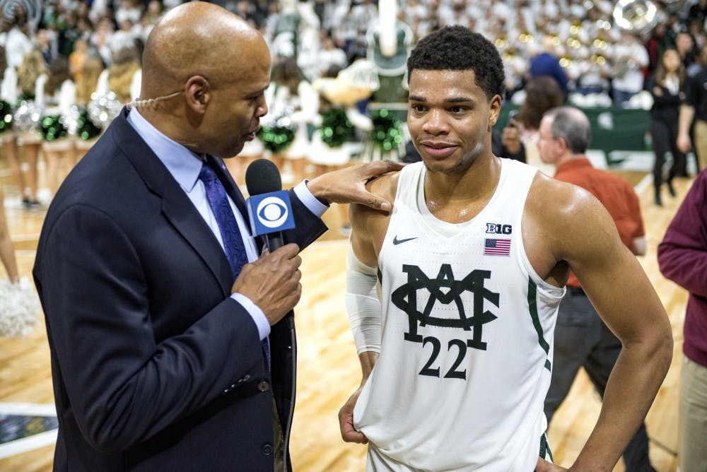 Freshman guard/forward Miles Bridges (22) is interviewed by the media after the men's basketball game against the University of Michigan on Jan. 29, 2017 at Breslin Center. The Spartans defeated the Wolverines, 70-62.