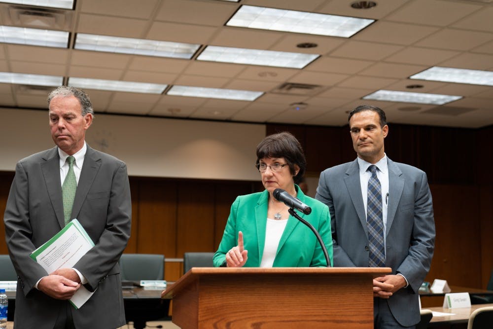 <p>Trustee Dianne Byrum speaks during a press conference at the Hannah Administration Building on June 21, 2019. </p>