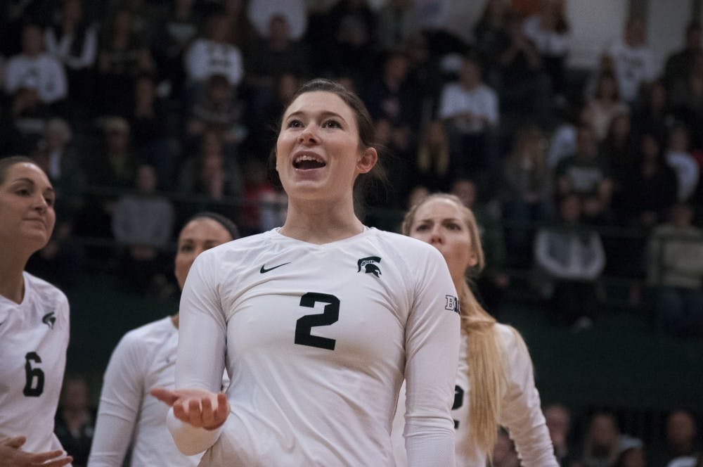 Junior Autumn Bailey (2) reacts to a call during the game against Arizona on Dec. 3, 2016 at Jenison Field House. The Spartans were defeated by the Wildcats, 3-2.