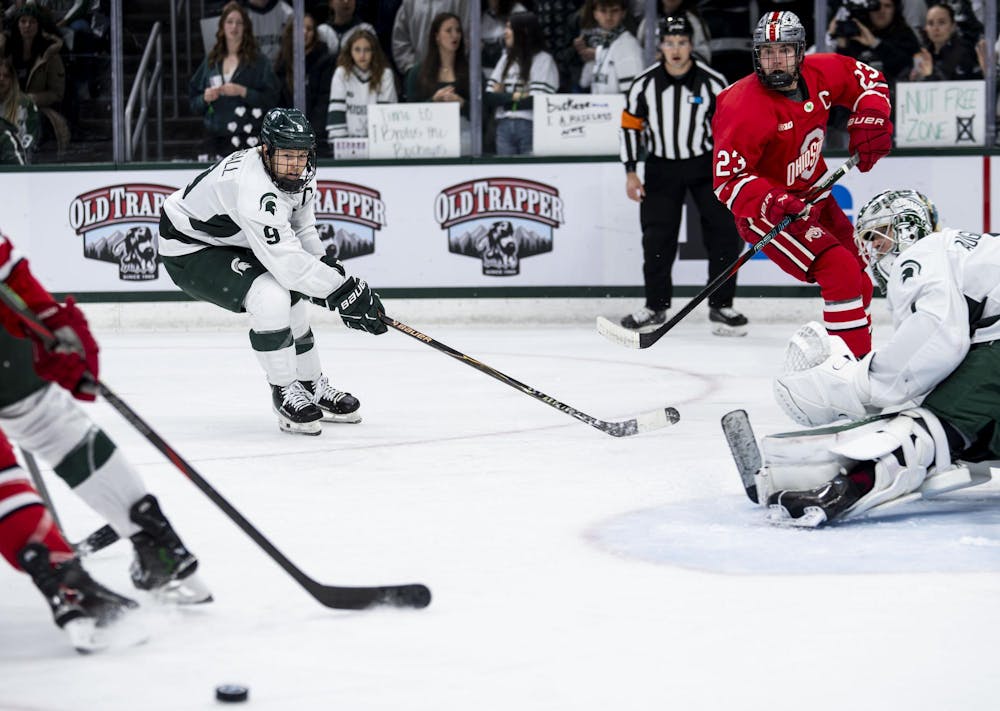<p>MSU senior defender Matt Basgall (9) watches the puck as OSU tries to score in the Munn Ice Arena on March 14, 2026.</p>