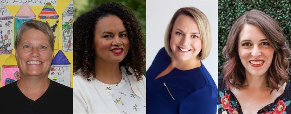 <p>East Lansing Public Schools Board of Education elects. From left to right: Kath Edsall, Terah Chambers, Tali Faris-Hyen, Amanda Cormier. Photo illustration by Drew Goretzka.</p>