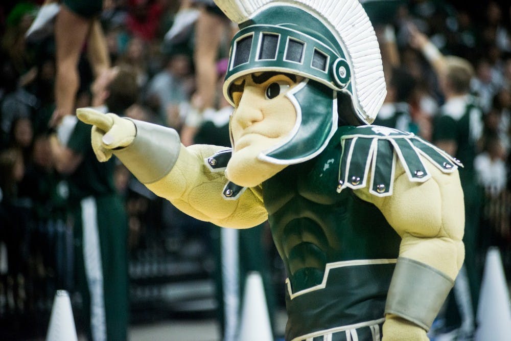 <p>Sparty looks out at the crowd on Oct. 23, 2015, at Breslin Center. Thousands of fans filled the Breslin Center to kick off the 2015-2016 basketball season. </p>