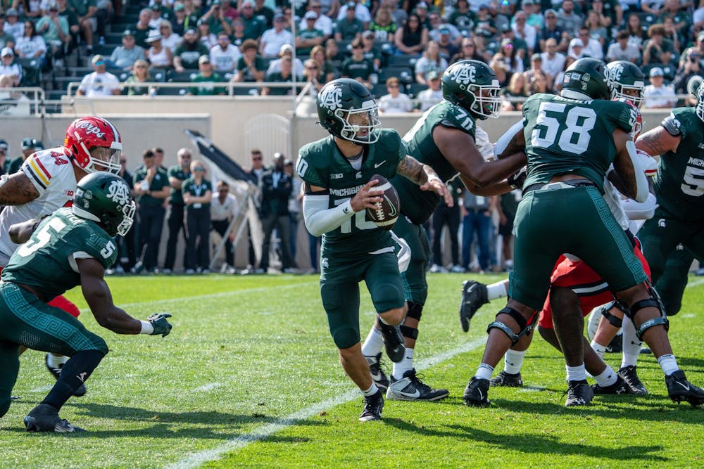 <p>Redshirt junior quarterback Noah Kim (10) about to throw the ball during the game against Maryland at Spartan Stadium on Sept. 23, 2023. The Spartans ultimately lost to the Terrapins 31-9.</p>