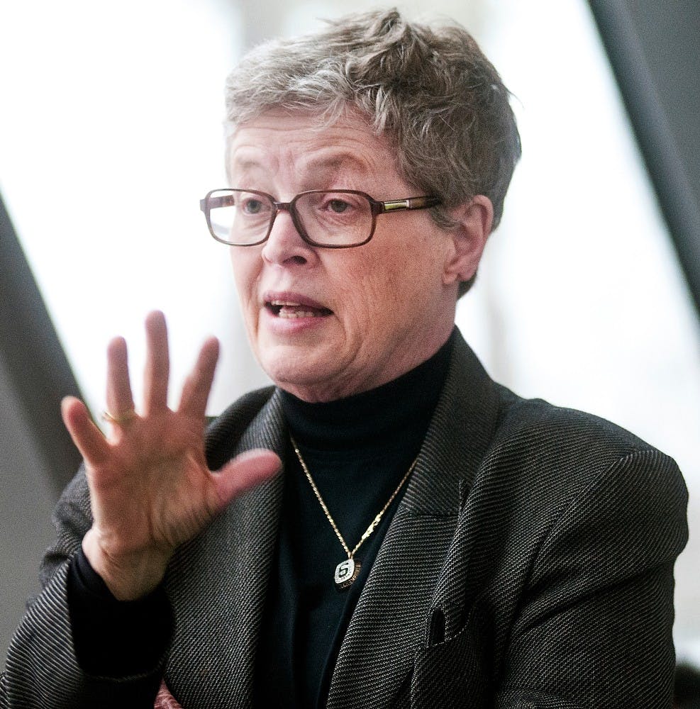 	<p><span class="caps">MSU</span> President Lou Anna K. Simon speaks to members of the audience attending the final meeting of the Council of Graduate Students April 10, 2013, at the Eli and Edythe Broad Art Museum. Adam Toolin/The State News</p>