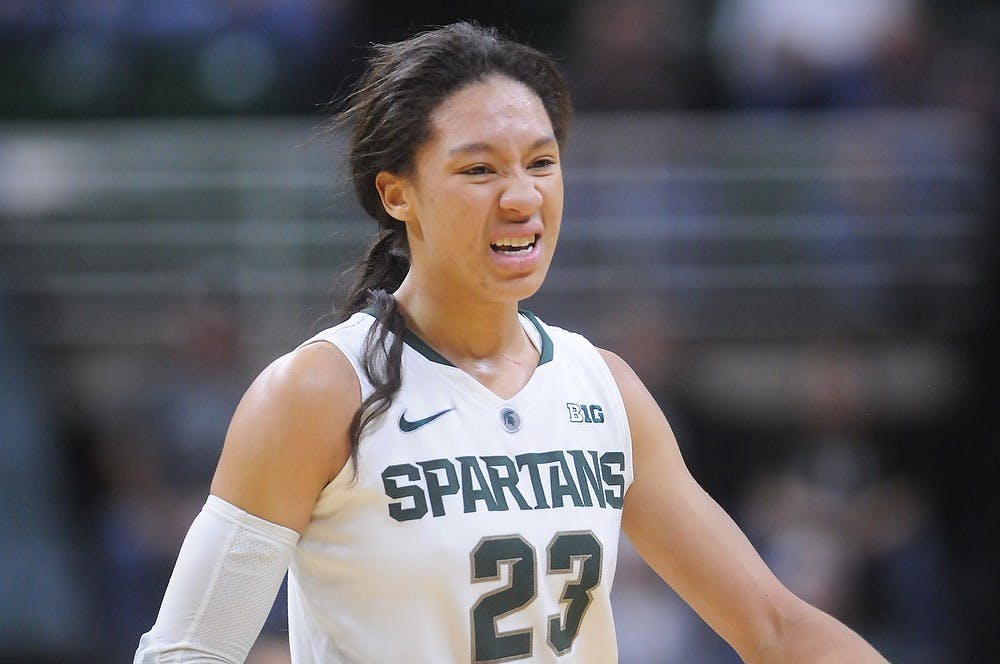 <p>Sophomore forward Aerial Powers shrugs off a painful foul Feb 5, 2015, during the game against Michigan at Breslin Center. The Spartans were defeated by the Wolverines, 72-59. Kennedy Thatch/The State News</p>