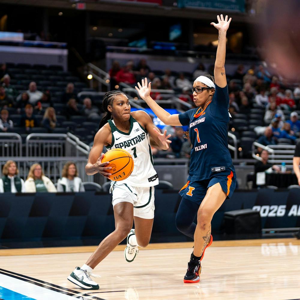 <p>MSU Jr. G, Rashunda Jones (1) dribbles the ball and looks for a pass around an Illinois player in the Gainbridge Fieldhouse in Indianapolis, IN on March 5, 2026.</p>