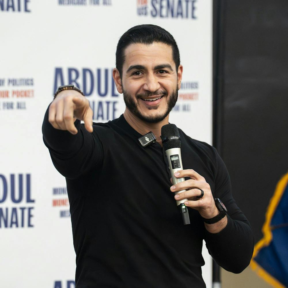 <p>Abdul El-Sayed speaks about healthcare and federal spending at a rally to gain votes for his senate race in Armstrong hall in East Lansing, Mich., on April 7, 2026. </p>