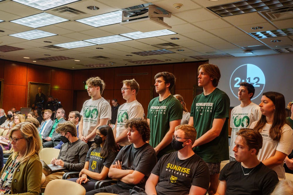 <p>Members of the MSU Club Swimming and Diving team attend the Board of Trustees meeting to comment on the decision to cut the university Swim and Dive team. The Board of Trustees met at the Hannah Administration building on Sep. 9, 2022.</p>