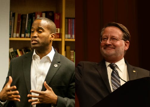 Left, U.S. Senate candidate John James speaks during a debate watch party on Oct. 14, 2018 at James Madison College Library. Photo by CJ Weiss.
Right, U.S. Sen. Gary Peters, D-Michigan, speaks at U-M's Rackham Auditorium on Oct. 19, 2018. Photo by Andrew Roth.