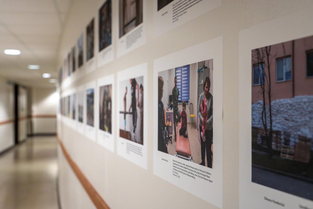 Images documenting the realities of war and resistance were featured at the Ukraine: War and Resistance photo exhibition in Snyder Hall on Feb. 24, 2026.