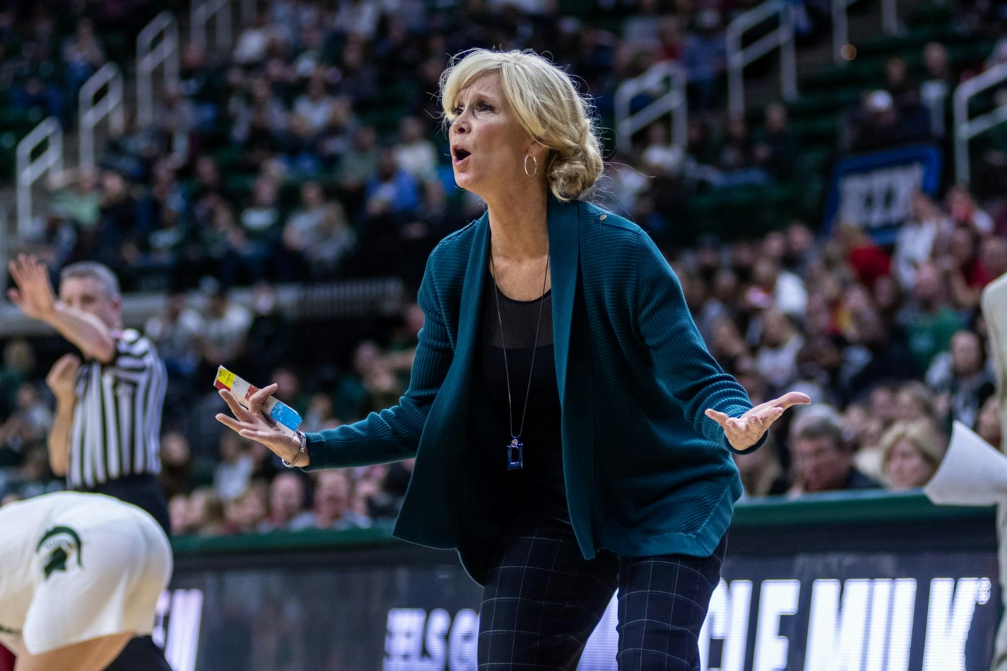 <p>Head women's basketball coach Suzy Merchant reacts to a non-call against Nebraska. She would be given a technical foul for her reaction to the play. The Spartans defeated the Cornhuskers, 78-70, at the Breslin Student Events Center on Dec. 31, 2019.</p>